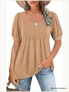 Women's Square Neck Puff Short Sleeve Tunic Top Flowy Pleated T-Shirt